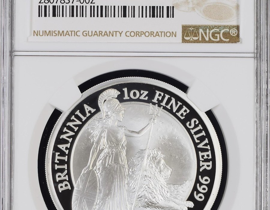 A 2016 Britannia silver proof coin in an NGC holder