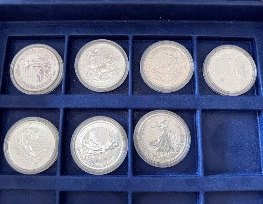 A tray of silver Britannia coins